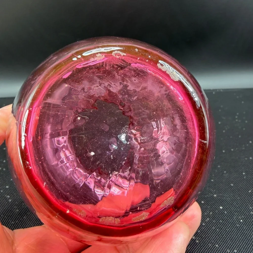 Vintage Pilgrim Glass Cranberry Pink Hand Blown Glass Vase Optic Rib Ruffled Rim